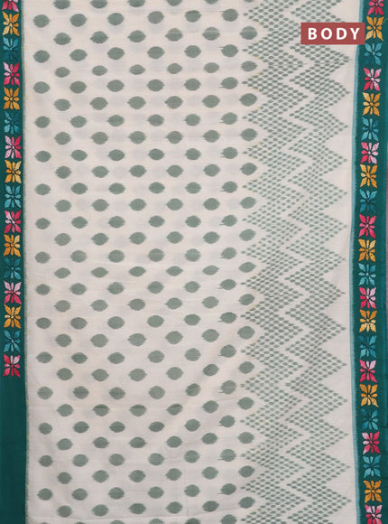 Ikat cotton saree cream and teal green with allover ikat weaves and kantha stitch work pallu