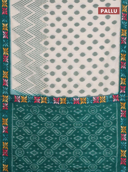 Ikat cotton saree cream and teal green with allover ikat weaves and kantha stitch work pallu