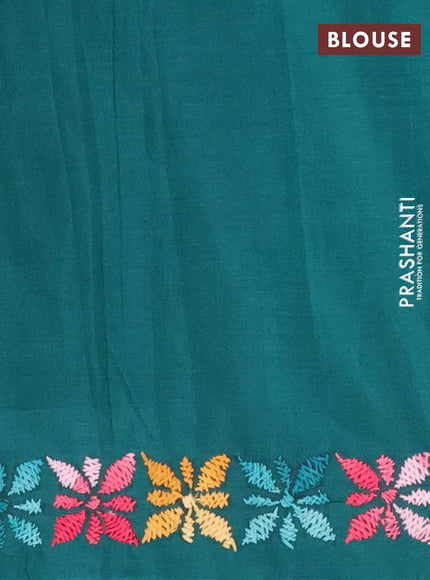 Ikat cotton saree cream and teal green with allover ikat weaves and kantha stitch work pallu