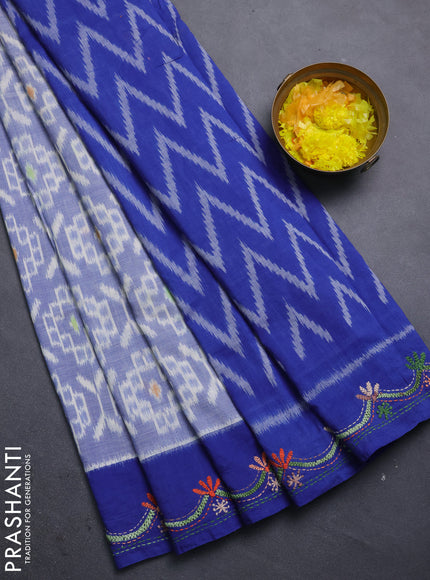 Ikat cotton saree royal blue and blue with allover ikat weaves and kantha stitch work pallu