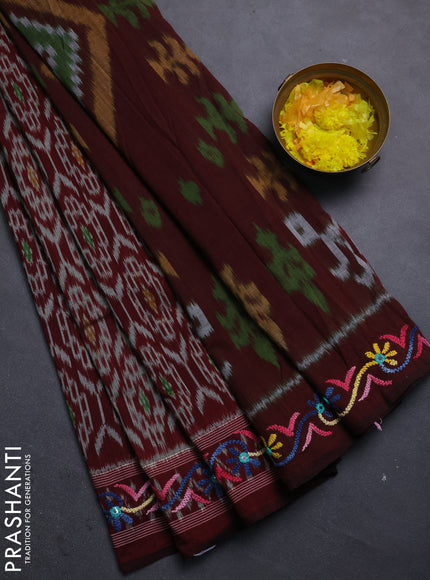 Ikat cotton saree deep maroon with allover ikat weaves and kantha stitch work pallu