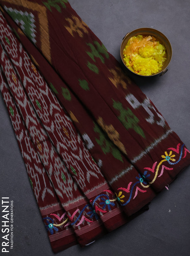Ikat cotton saree deep maroon with allover ikat weaves and kantha stitch work pallu