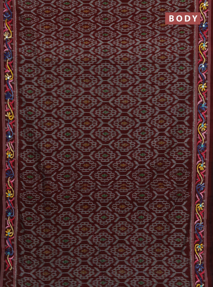 Ikat cotton saree deep maroon with allover ikat weaves and kantha stitch work pallu