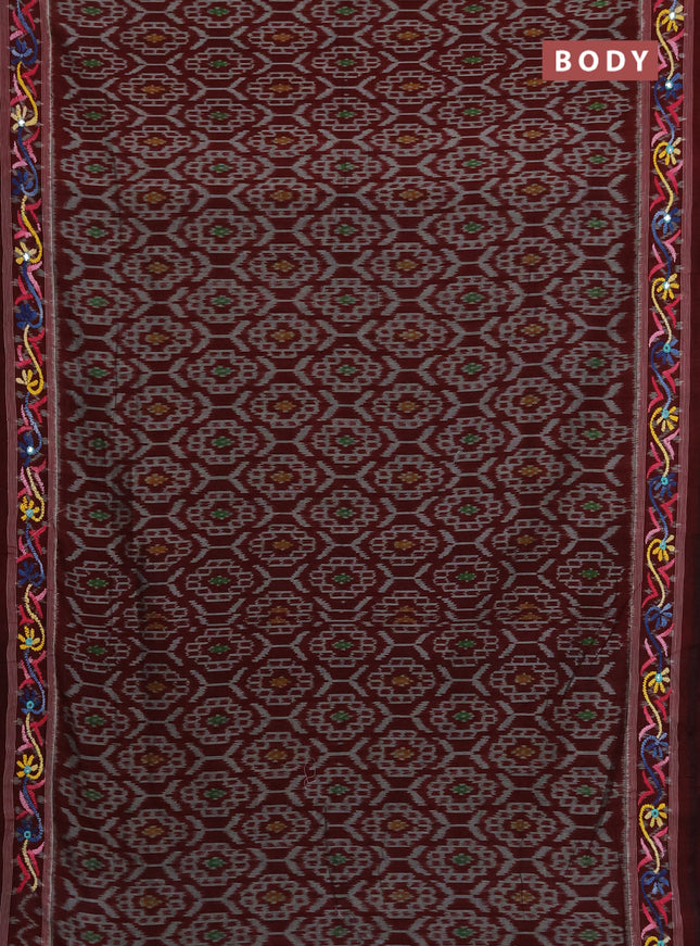 Ikat cotton saree deep maroon with allover ikat weaves and kantha stitch work pallu