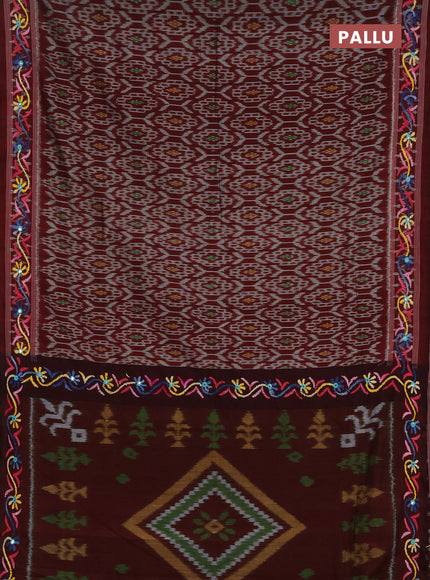 Ikat cotton saree deep maroon with allover ikat weaves and kantha stitch work pallu