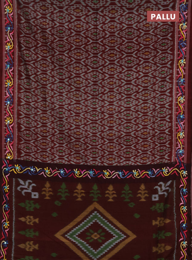 Ikat cotton saree deep maroon with allover ikat weaves and kantha stitch work pallu