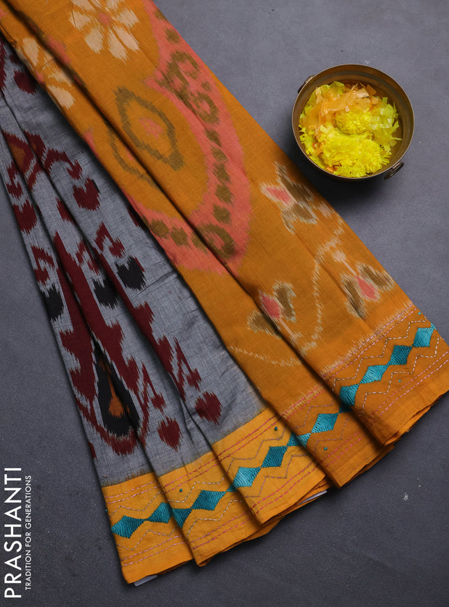 Ikat cotton saree grey with allover ikat weaves and ganga jamuna border