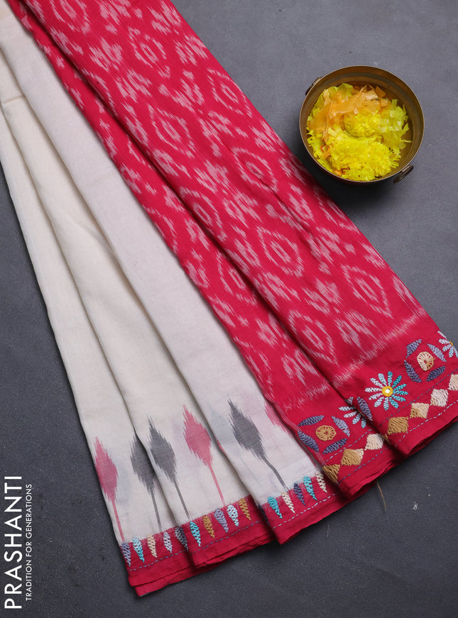 Ikat cotton saree off white and maroon with plain body and ikat woven & kantha stitch work pallu