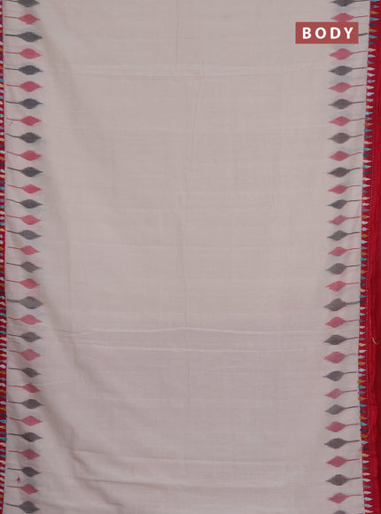 Ikat cotton saree off white and maroon with plain body and ikat woven & kantha stitch work pallu