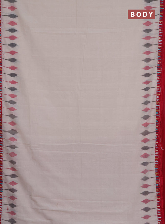 Ikat cotton saree off white and maroon with plain body and ikat woven & kantha stitch work pallu