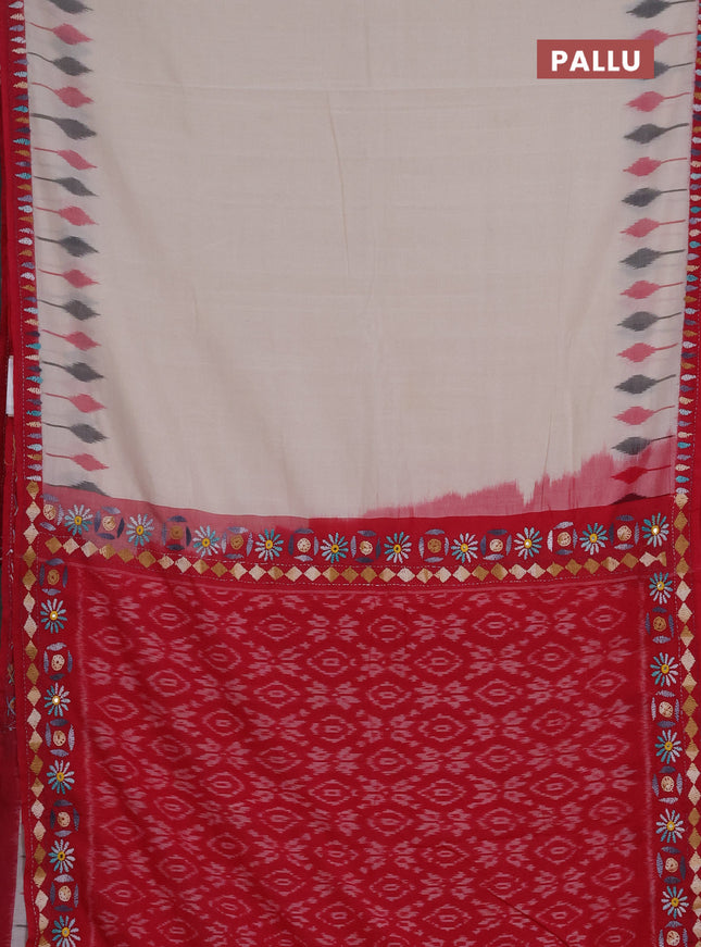 Ikat cotton saree off white and maroon with plain body and ikat woven & kantha stitch work pallu