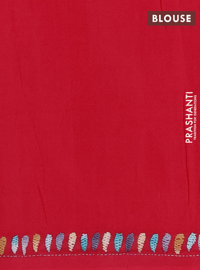 Ikat cotton saree off white and maroon with plain body and ikat woven & kantha stitch work pallu