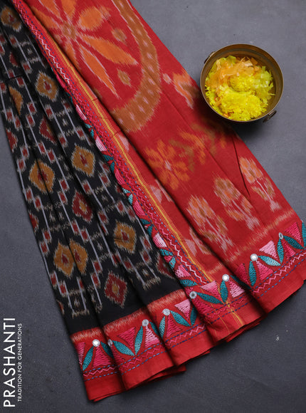 Ikat cotton saree black and red with allover ikat weaves and kantha stitch work pallu