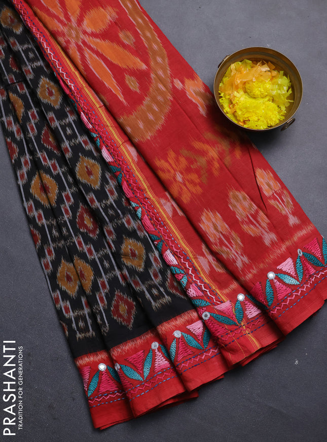 Ikat cotton saree black and red with allover ikat weaves and kantha stitch work pallu