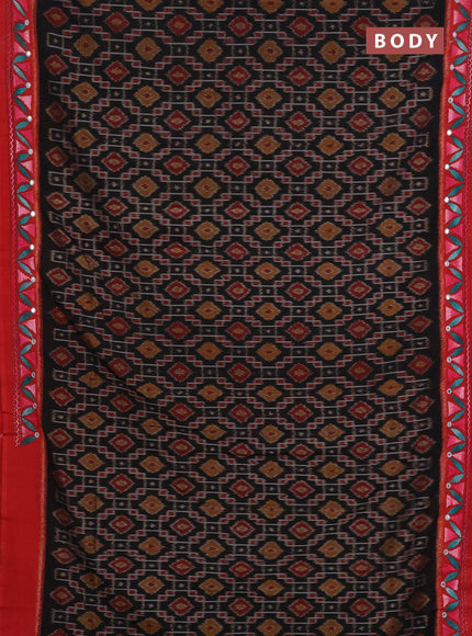 Ikat cotton saree black and red with allover ikat weaves and kantha stitch work pallu