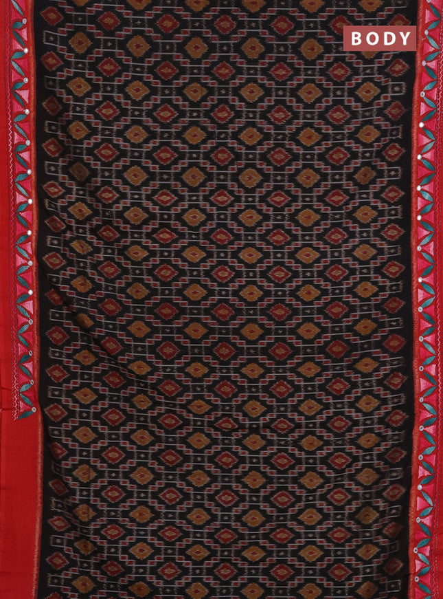 Ikat cotton saree black and red with allover ikat weaves and kantha stitch work pallu