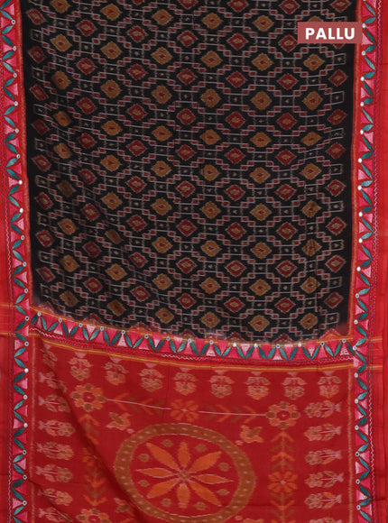 Ikat cotton saree black and red with allover ikat weaves and kantha stitch work pallu