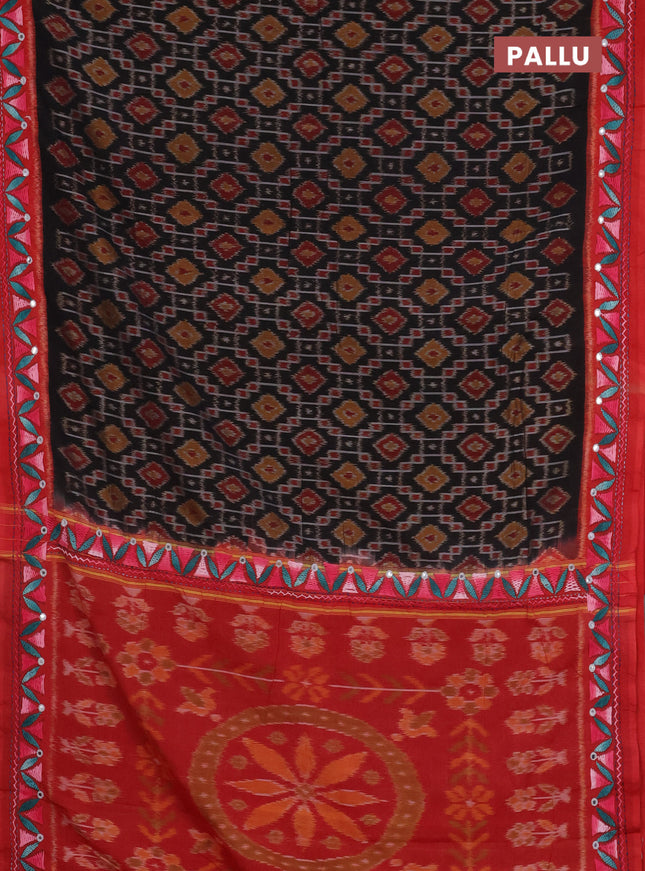 Ikat cotton saree black and red with allover ikat weaves and kantha stitch work pallu