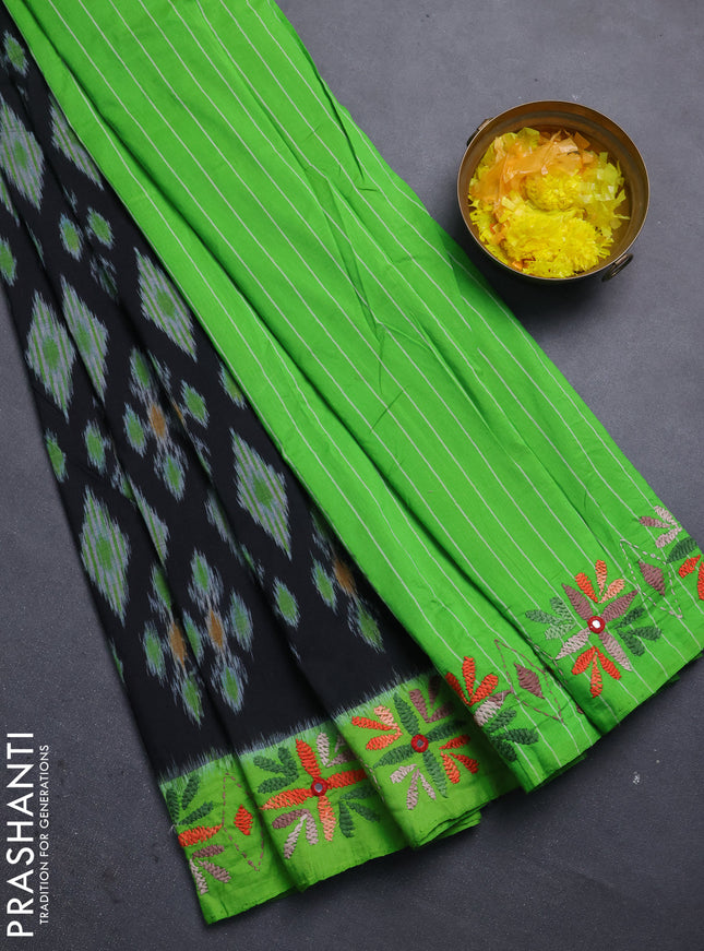 Ikat cotton saree black and light green with allover ikat weaves and kantha stitch work pallu