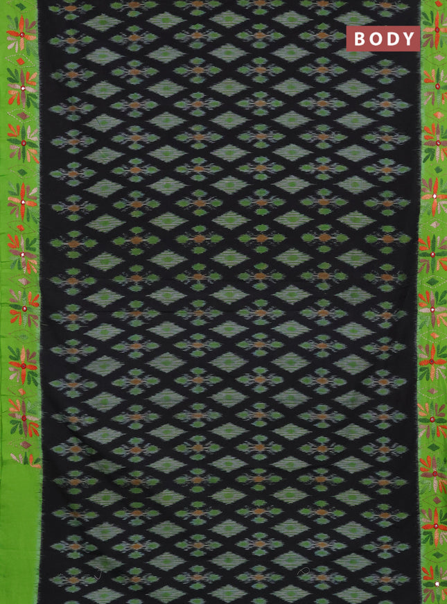 Ikat cotton saree black and light green with allover ikat weaves and kantha stitch work pallu