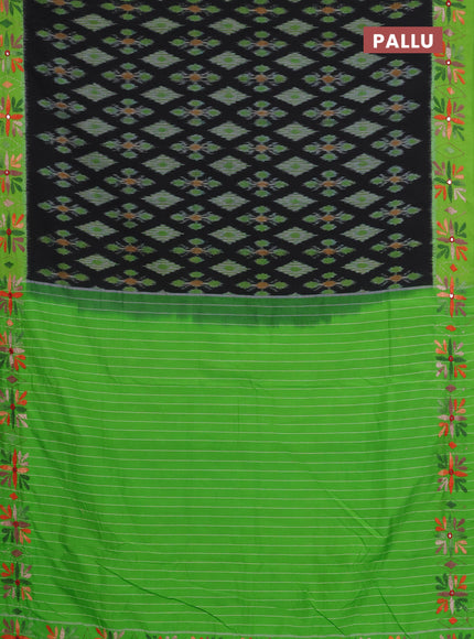 Ikat cotton saree black and light green with allover ikat weaves and kantha stitch work pallu