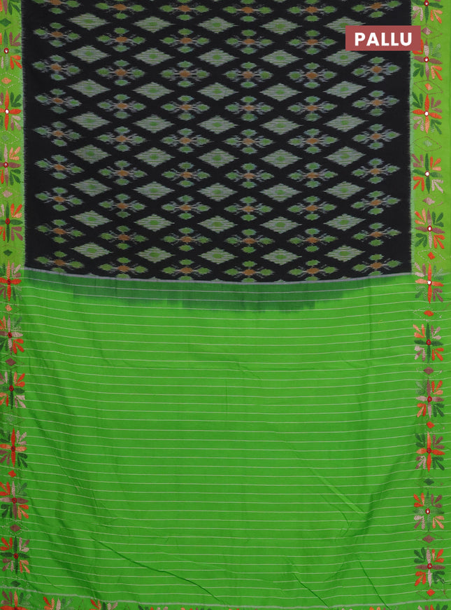 Ikat cotton saree black and light green with allover ikat weaves and kantha stitch work pallu