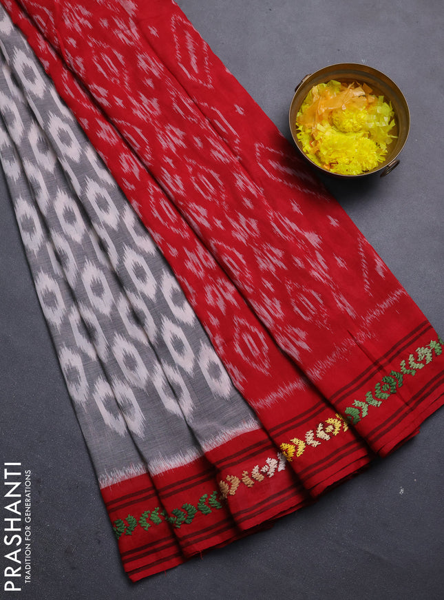 Ikat cotton saree grey and maroon with allover ikat woven buttas and kantha stitch work pallu