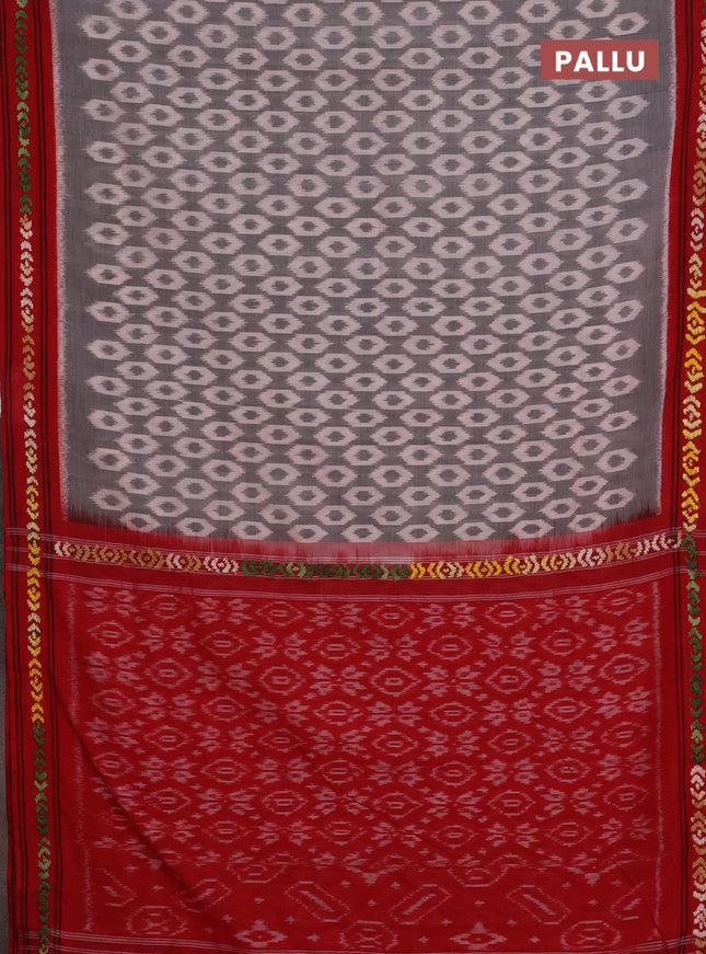 Ikat cotton saree grey and maroon with allover ikat woven buttas and kantha stitch work pallu