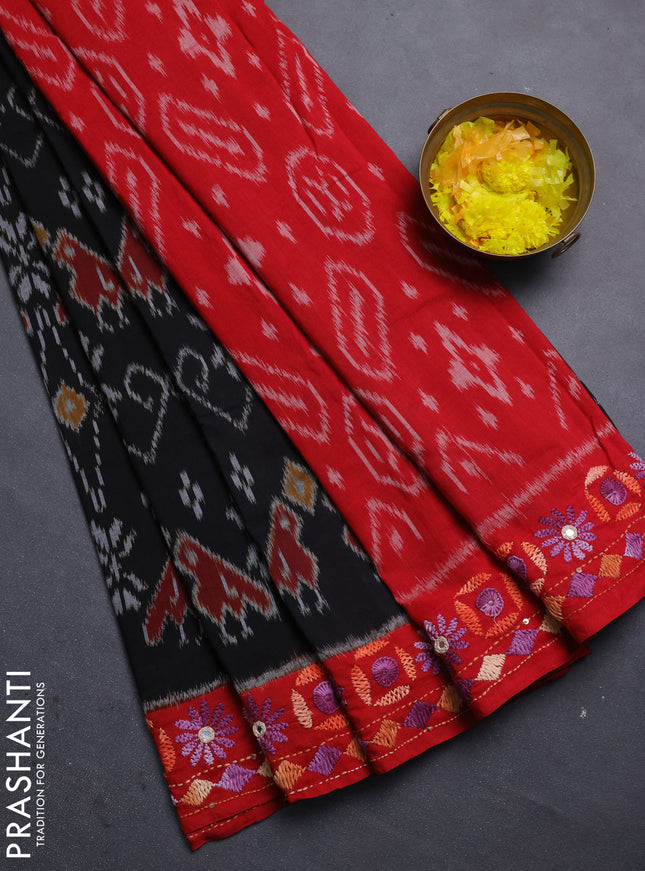 Ikat cotton saree black and red with allover ikat weaves and kantha stitch work pallu