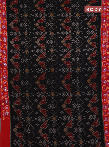 Ikat cotton saree black and red with allover ikat weaves and kantha stitch work pallu