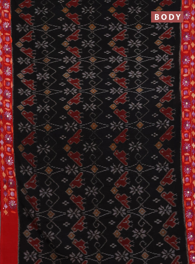Ikat cotton saree black and red with allover ikat weaves and kantha stitch work pallu