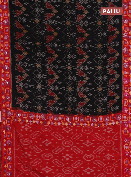 Ikat cotton saree black and red with allover ikat weaves and kantha stitch work pallu