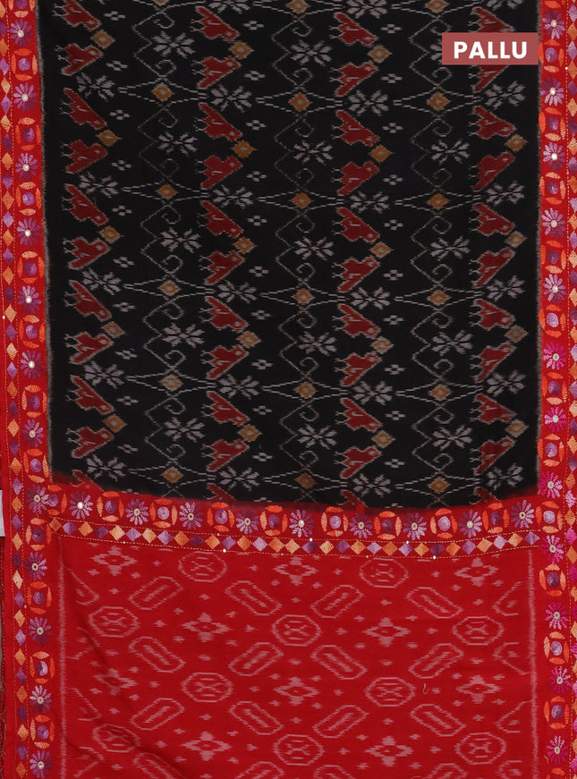 Ikat cotton saree black and red with allover ikat weaves and kantha stitch work pallu