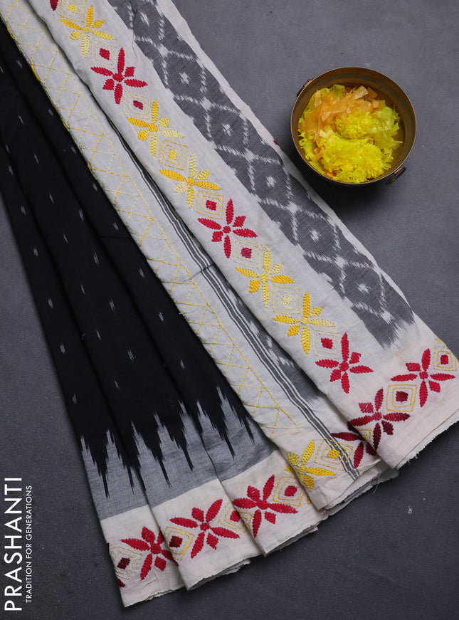 Ikat cotton saree black and cream with allover ikat woven buttas and kantha stitch work pallu