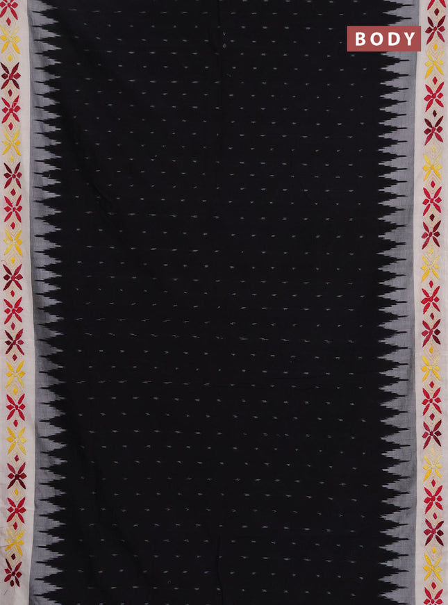 Ikat cotton saree black and cream with allover ikat woven buttas and kantha stitch work pallu