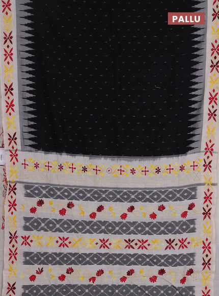 Ikat cotton saree black and cream with allover ikat woven buttas and kantha stitch work pallu