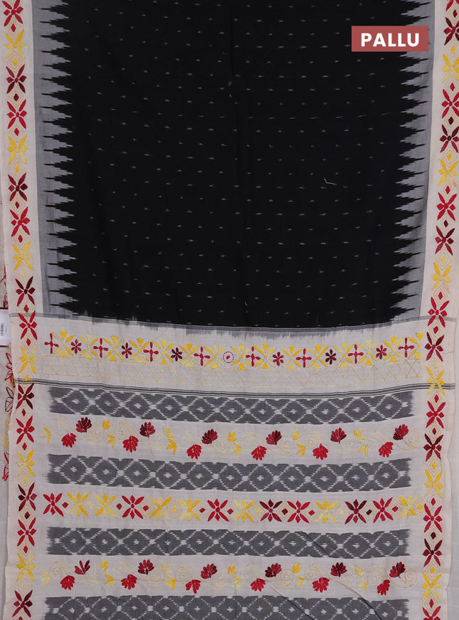 Ikat cotton saree black and cream with allover ikat woven buttas and kantha stitch work pallu