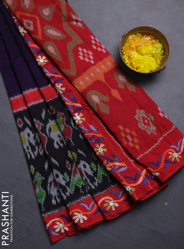 Ikat cotton saree violet and maroon with plain body and ikat woven & kantha stitch work pallu