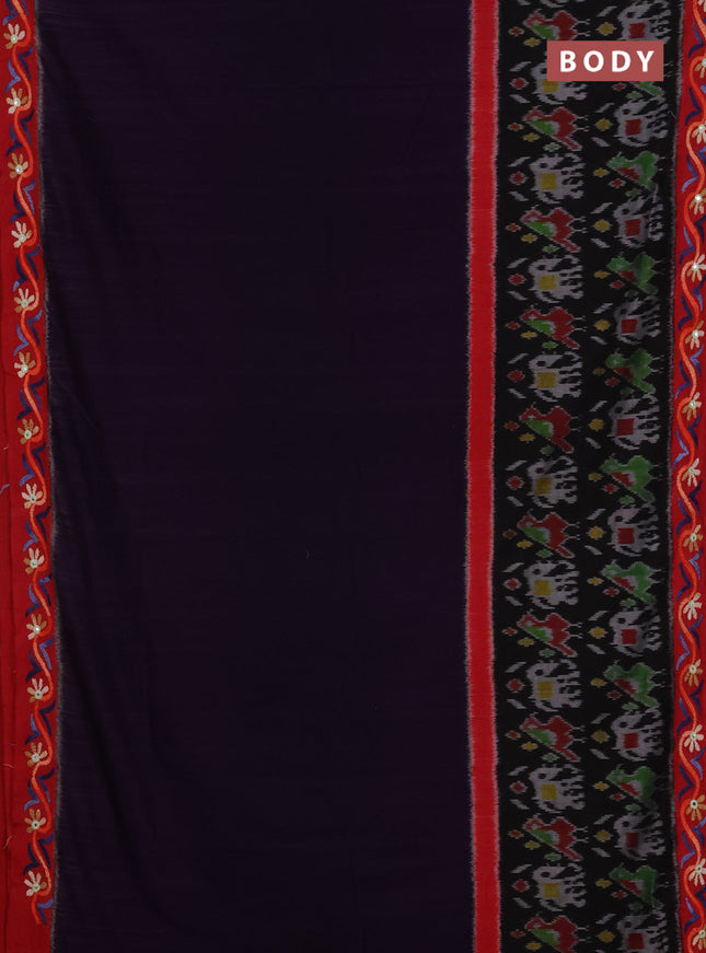Ikat cotton saree violet and maroon with plain body and ikat woven & kantha stitch work pallu