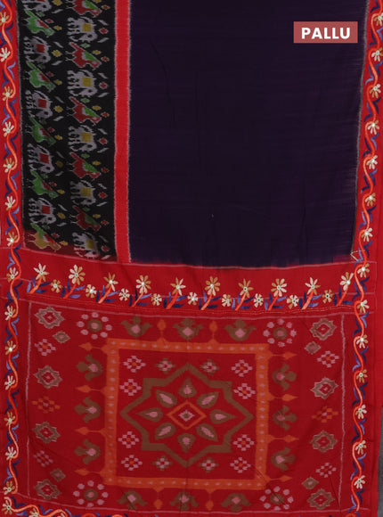 Ikat cotton saree violet and maroon with plain body and ikat woven & kantha stitch work pallu