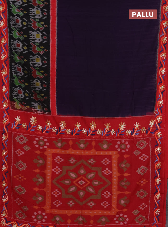 Ikat cotton saree violet and maroon with plain body and ikat woven & kantha stitch work pallu