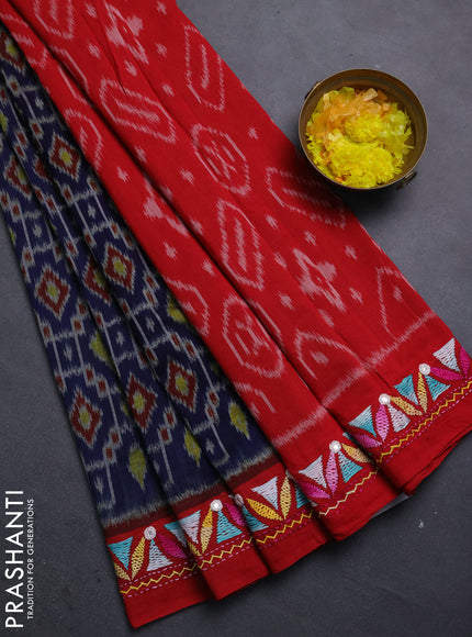 Ikat cotton saree navy blue and red with allover ikat weaves and kantha stitch work pallu