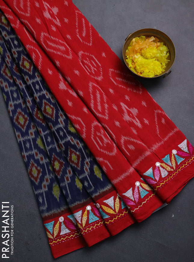 Ikat cotton saree navy blue and red with allover ikat weaves and kantha stitch work pallu