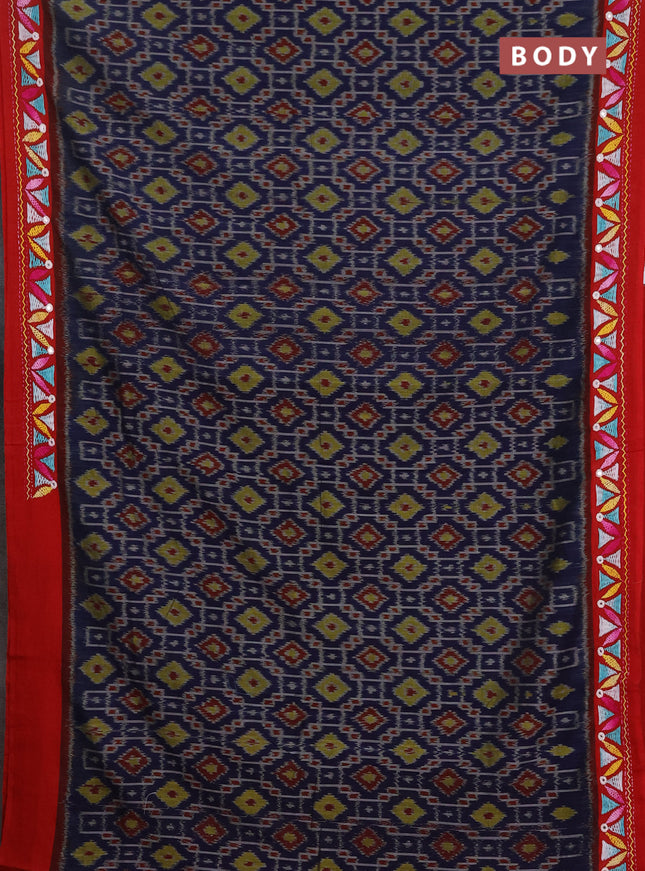 Ikat cotton saree navy blue and red with allover ikat weaves and kantha stitch work pallu