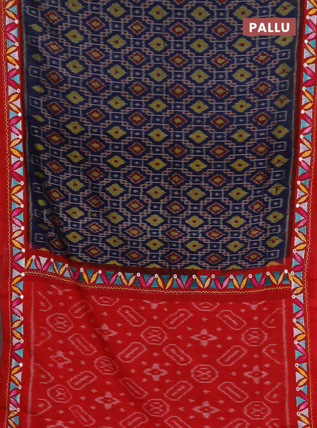 Ikat cotton saree navy blue and red with allover ikat weaves and kantha stitch work pallu