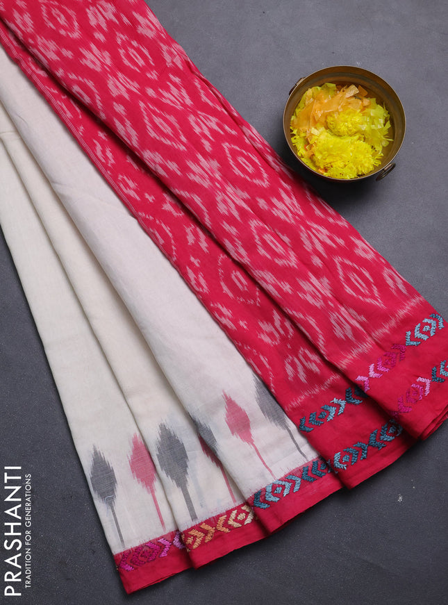 Ikat cotton saree off white and pink with plain body and ikat weaves & kantha stitch work border
