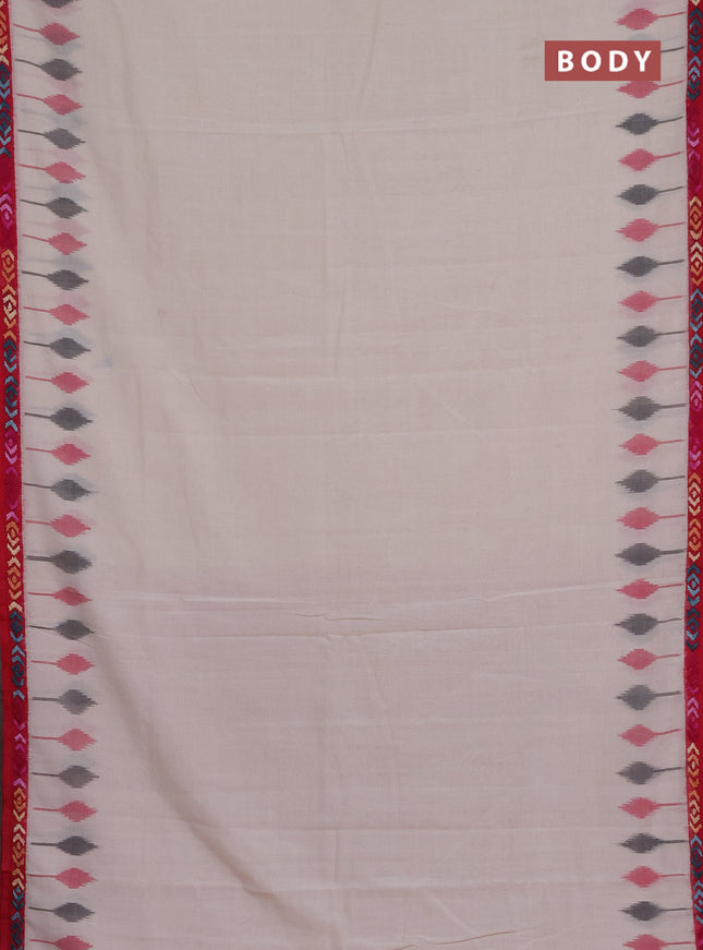 Ikat cotton saree off white and pink with plain body and ikat weaves & kantha stitch work border