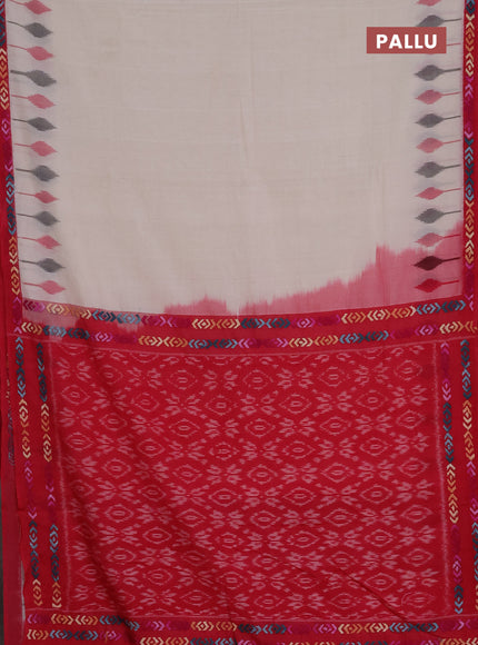 Ikat cotton saree off white and pink with plain body and ikat weaves & kantha stitch work border