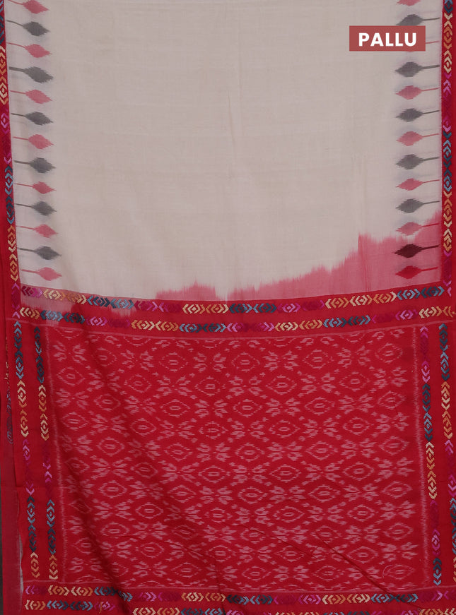 Ikat cotton saree off white and pink with plain body and ikat weaves & kantha stitch work border