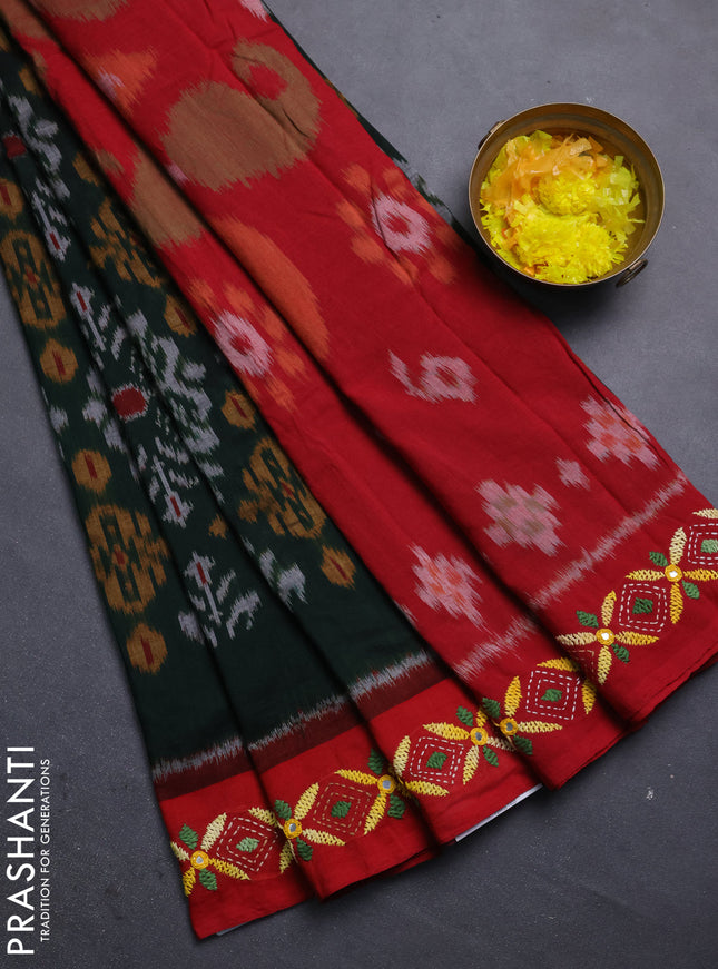 Ikat cotton saree bottle green and maroon with allover ikat weaves and kantha stitch work pallu
